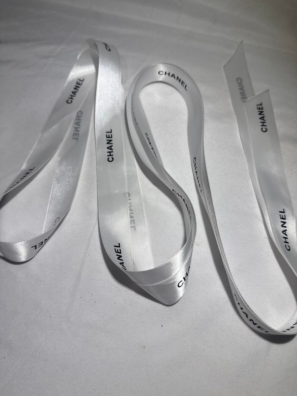 CHANEL Gift Packaging Ribbon Lot 2 White Black Logo 42" 91" Designer Wrap